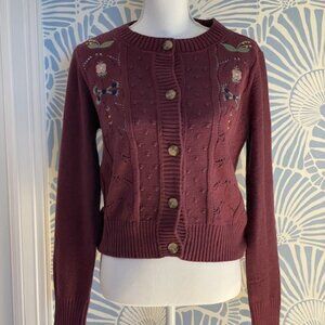 Lucky Brand Floral Embroidered Pointelle Cardigan Sweater Plum Size S